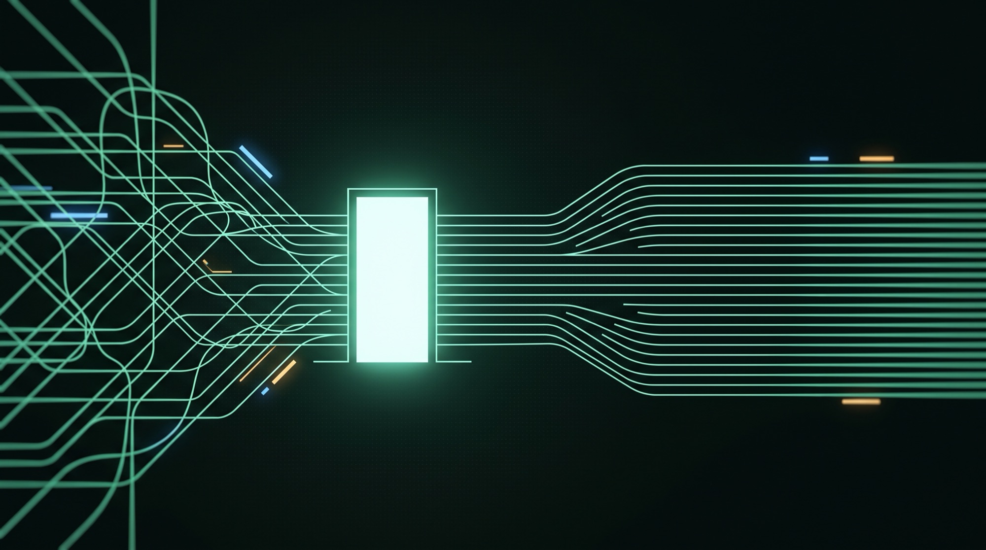 Many tangled glowing paths converging into a single luminous doorway and emerging as ordered parallel lanes